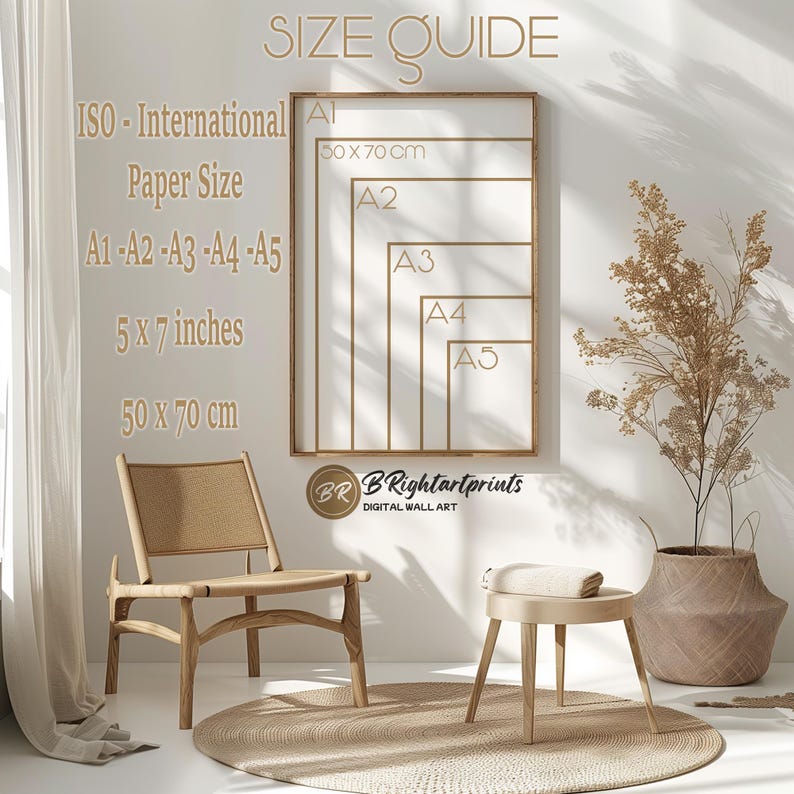 May include: A room setting with a wooden chair, a small round table, and a framed size guide for digital wall art. The guide lists paper sizes in inches and centimeters, including 5 x 7 inches and 50 x 70 cm.