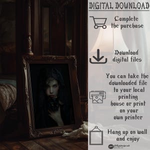 May include: Digital download of a printable art print featuring a woman in a black dress and veil, holding a black cat. The image is framed in a dark wood frame and set against a dark background.