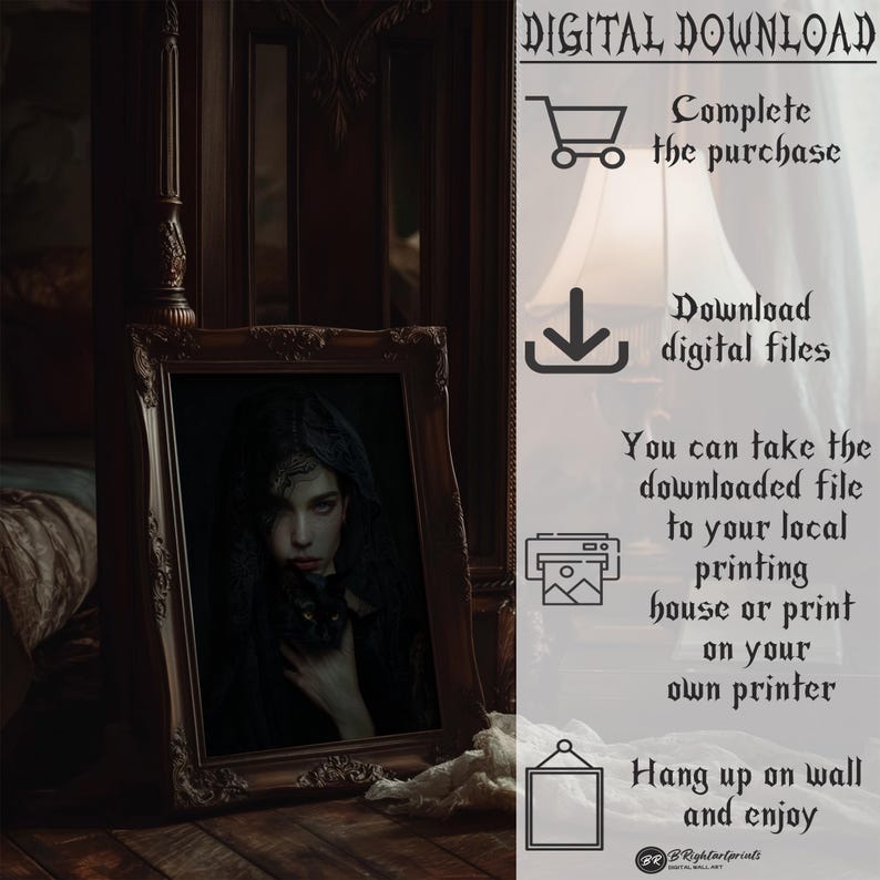 May include: Digital download of a printable art print featuring a woman in a black dress and veil, holding a black cat. The image is framed in a dark wood frame and set against a dark background.