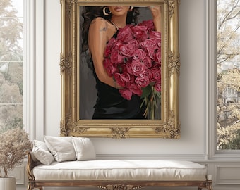 Black Woman Portrait: Pink Roses, Gold Earrings - Glam Afro Art (Digital Download)