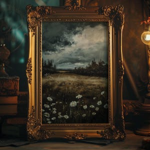 May include: A framed oil painting depicting a landscape with a field of white wildflowers in the foreground, a forest in the background, and a cloudy sky.