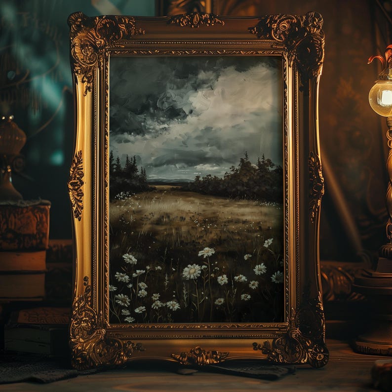 May include: A framed oil painting depicting a landscape with a field of white wildflowers in the foreground, a forest in the background, and a cloudy sky.