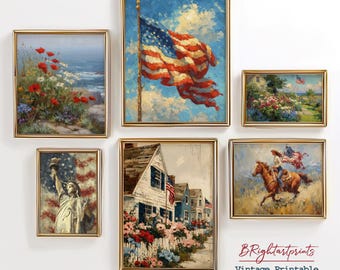 Vintage Coastal Americana Wall Art Set, Patriotic Beach and Nautical Flag Prints