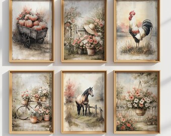 6 Piece Farmhouse Wall Art Set , Rustic Cottage Home Decor Prints Digital Download