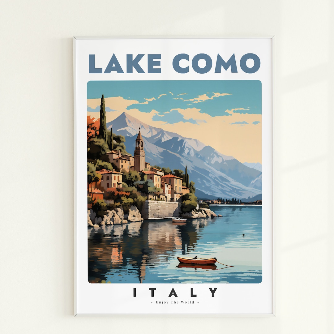 lake como italy travel poster art print (digital... Lake Como Italy Illustration Art Print: Vintage Travel Poster (digital ...