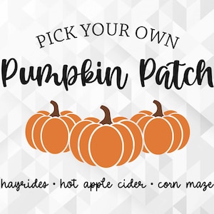 Pode incluir: Uma placa branca com texto preto que diz "Pick Your Own Pumpkin Patch". Três abóboras laranja estão abaixo do texto. O texto abaixo das abóboras diz "hayrides, hot apple cider, corn maze".