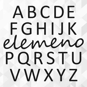 May include: Black and white alphabet letters in a variety of fonts. The letters are arranged in three rows. The word "element" is written in cursive in the middle row.