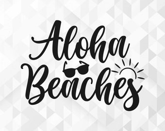 May include: Black and white graphic design with the text "Aloha Beaches" in a stylized font. The graphic includes a sun and sunglasses.