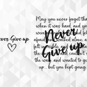 Puede incluir: Una cita motivacional sobre un fondo blanco con un patrón geométrico. La cita dice: "Que nunca olvides que cuando fue difícil, y te sentiste abrumado y asustado y caminaste solo, y te sentiste incapaz, y tenías la respuesta y no podías ver el camino, y querías rendirte... pero seguiste adelante." La cita está en texto negro con un símbolo de corazón debajo de las palabras "Nunca te rindas".
