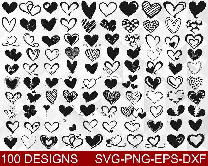 May include: A selection of 100 black heart designs in diverse styles, such as solid, outlined, and patterned. Some hearts feature the word "love" or are adorned with arrows and crowns. The image includes the text "100 DESIGNS SVG-PNG-EPS-DXF".