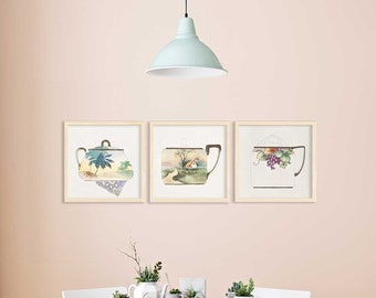 Set of 3 Ceramic Boho Kitchen Wall Printables Botanical Prints Pastel Color Wall Posters Cozy Kitchen Idea Boho Kitchen Ideas Boho Art Print