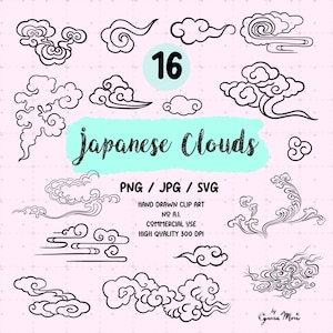 Op de afbeelding: Een verzameling van 16 handgetekende Japanse wolkenillustraties in zwart en wit. De afbeelding bevat de tekst "Japanese Clouds" en details over bestandsformaten en commercieel gebruik.