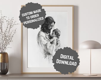 Fehlgeburts-Denkmalgeschenk-Jesus, der Baby-Andenken hält, personalisiert. Schwarzweiß Bild Kind Verlust Schwangerschaft Früh Beendet