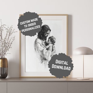 Op maat gemaakte miskraam herdenkingscadeau Jesus Holding Baby Keepsake, gepersonaliseerd. Zwart-witbeeld Verlies van kind Zwangerschap vroegtijdig beëindigd