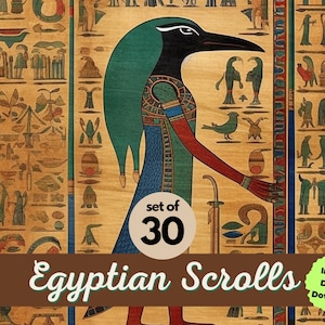 May include: A set of 30 digital Egyptian scrolls. The image features a colorful illustration of a bird-headed goddess with a green headdress and red arms. The background is a beige scroll with hieroglyphics.