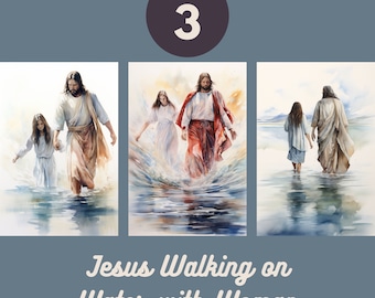 Jesus Walking on Water with Woman Watercolor Set of 3, Jesus Painting, Wall Art, digital download printable, Jesus portrait, Jesus art