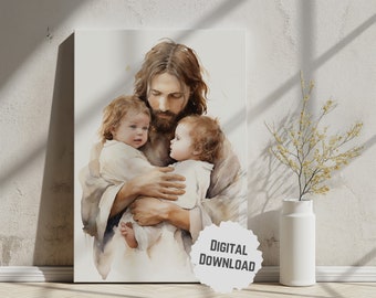 Jesus Cradling Two Infants, Symbol of Love, Hope and Solace, Consoling Gift for Loss of Twins Emotive Digital Artwork