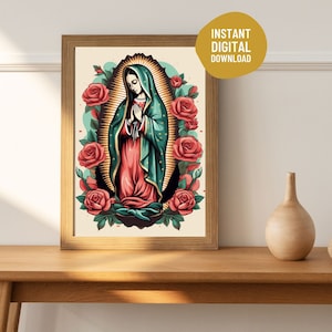 Unsere Liebe Frau von Guadalupe, La Virgen de Guadalupe, jungfräuliche Kunst aus Mexiko, moderne Neuinterpretation des ikonischen Tilma-Geschenks, religiöse Wandkunst