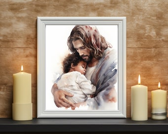 Jesus holding african american baby, Christ, art printable gift, miscarriage memorial, Jesus holding baby miscarry, black baby, newborn