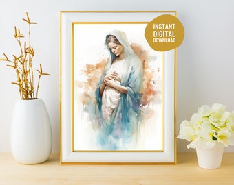 Zwangere moeder Maria, aquarel decor, katholieke cadeau canvas kunst moderne afdrukbare cadeau digitale download, muur thuis, onze lieve vrouw, Maagd Maria