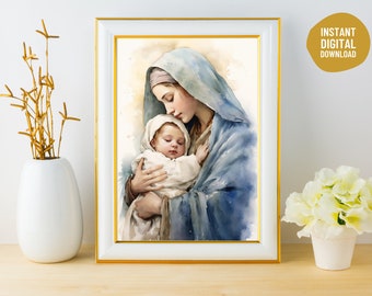 Maagd Maria met baby, Christuskunst, foto, Onze Lieve Vrouw canvas, Madonna, download, interieur, afdrukbaar geschenk, miskraam gedenkteken, hemel