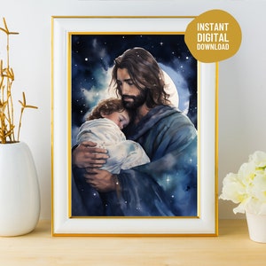 Jesus hält ein Baby im Himmel, sicher in den Armen von Jesus-Jungen-Mädchen, Schwangerschaft beendet früh, Säuglingsverlust, Totgeburt-Digital-Download-Geschenk