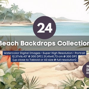 Könnte beinhalten: Eine Sammlung von 24 Aquarell-Strandhintergründen. Die Bilder sind in hoher Auflösung und perfekt für die Erstellung digitaler Designs, Einladungen oder zum Scrapbooking. Die Bilder sind im Hochformat und haben eine Größe von etwa 31,41 cm x 41,73 cm bei 300 DPI.
