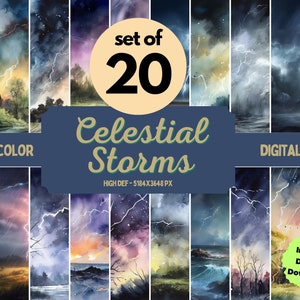 May include: A set of 20 digital watercolor papers featuring celestial storms with lightning and stars. The papers are high resolution, 5184 x 3648 pixels, and are perfect for digital scrapbooking, card making, and other creative projects.