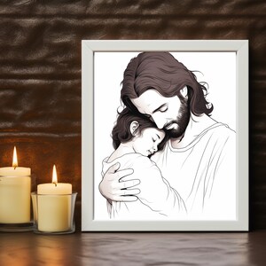 Jesus Christ holding baby, Christ, art printable gift, miscarriage memorial, Jesus holding baby miscarry, baby, newborn, black white, child