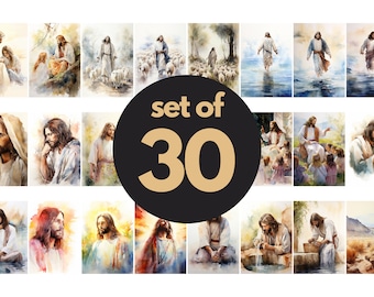 Exclusive Collection of 30 Jesus Paintings - Evocative Watercolor Portraits Showing Christ in Everyday Life, Instant Download