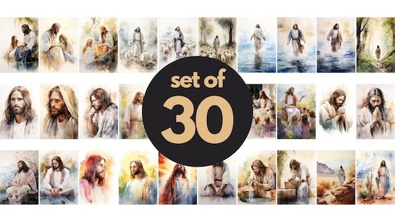 Exclusive Collection of 30 Jesus Paintings - Evocative Watercolor Portraits Showing Christ in Everyday Life, Instant Download