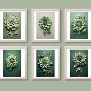 Sage Green Wall Art, Bundle of 6 pictures, modern, download, home decor, digital printable gift, 3d flowers, prints, living room, bedroom