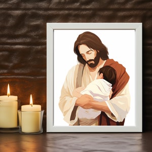 Jesus holding baby, Christ art, canvas art modern printable gift, miscarriage memorial, Jesus holding baby miscarry, divina infantita