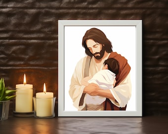 Jesus holding baby, Christ art, canvas art modern printable gift, miscarriage memorial, Jesus holding baby miscarry, divina infantita
