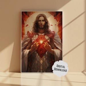 May include: A framed digital art print featuring a portrait of a person with long hair, wearing a white robe and holding a red heart-shaped object. The background is a warm, glowing orange and white. The print has the text "DIGITAL DOWNLOAD".
