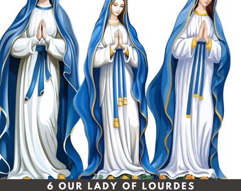 Onze Lieve Vrouw van Lourdes, Bundelset van 6 PNG transparante achtergrond commercieel gebruik, Maagd Maria, Digitale download, Sublimatie Clip Art Frankrijk