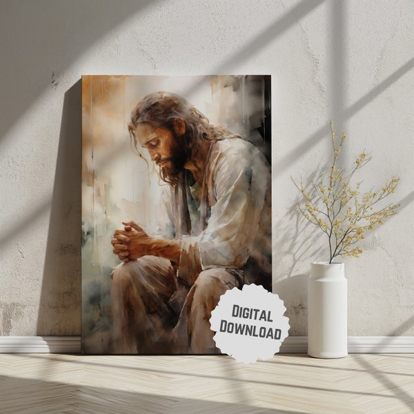 Prayer Painting Watercolor - Jesus Praying Delicate Serene Print for Spirituality, Peaceful Meditative Download for Prayer Rooms