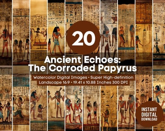 Ancient Egypt wall art, 20 Papyrus Digital Paper Set Bundle Hieroglyphics Tomb Art Watercolor. Perfect for Crafts, Printable, DIY Projects