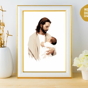 Miskraam cadeau, Jezus die baby vasthoudt, Christuskunst, foto, canvaskunst, heer, modern, download, interieur, afdrukbaar geschenk, gedenkteken, hemel