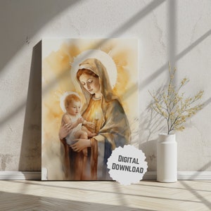 May include: A watercolor painting of the Virgin Mary holding baby Jesus. The painting is in a warm, golden color palette and features a halo around the heads of Mary and Jesus. The painting is framed and ready to hang.
