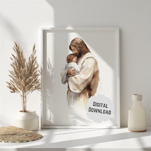 Jesús sosteniendo bebé aborto espontáneo dolor impresión pérdida embarazo terminó muerte fetal temprana niño niña descarga digital regalo de simpatía Cristo