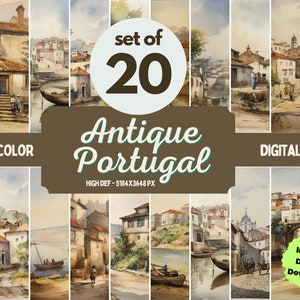 Może przedstawiać: Zestaw 20 cyfrowych papierów akwarelowych przedstawiających antyczne sceny z Portugalii. Papiery są w wysokiej rozdzielczości, o wymiarach 5184 x 3648 pikseli. Obrazy przedstawiają urocze uliczki, budynki i drogi wodne.