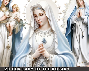 Onze Lieve Vrouw van de Rozenkrans, 20 bundelset PNG transparante achtergrond commercieel gebruik, Maagd Maria, digitale download, sublimatie illustraties