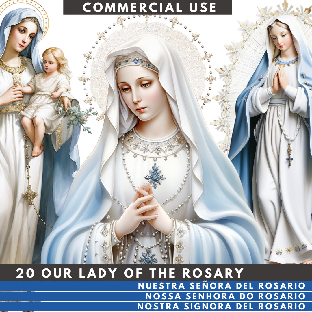 Our Lady of The Rosary, 20 Bundle Set PNG transparent Background commercial use, Virgin Mary, Digital Download, Sublimation Clip Art