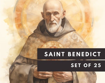 Saint Benedict Bundle 25 - Digital Download, 25 Watercolor PNG, Wall Art, Clipart, Patron Saint of Europe, Monasticism Founder, Cross Medal
