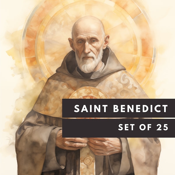 Saint Benoît Bundle 25 - téléchargement numérique, 25 PNG aquarelle, art mural, clipart, saint patron de l'Europe, fondateur du monachisme, médaille de la Croix