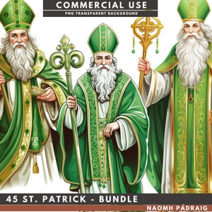 May include: Three illustrations of Saint Patrick, a Christian saint and patron saint of Ireland. Each illustration depicts Saint Patrick wearing a green robe with gold trim and a green mitre. The illustrations are set against a white background.