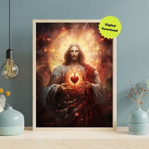 May include: A digital download of a painting depicting Jesus Christ with a glowing heart in his chest. The painting is set against a dark background with a golden halo around Jesus' head.