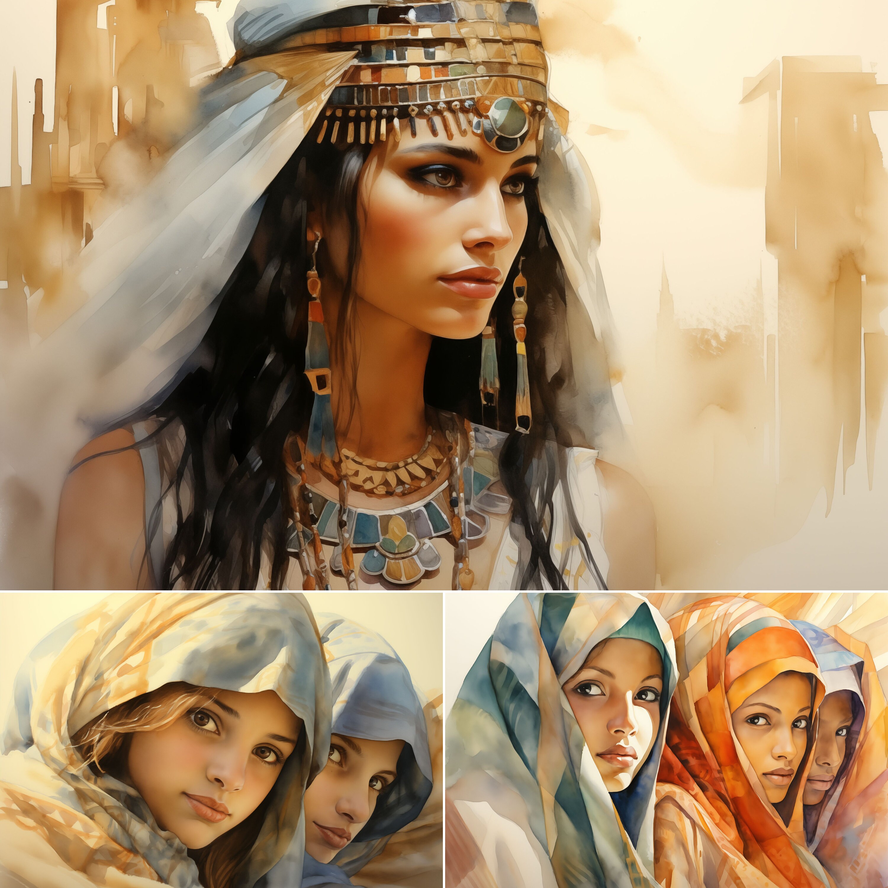 11 ägyptische Frauen Porträts Gemälde, Aquarell Bündel, alte Ägypter, hochauflösende druckbare