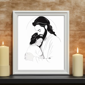 Jesus holding baby, Christ, art printable gift, miscarriage memorial, Jesus holding baby miscarry, black baby, newborn girl boy, black white